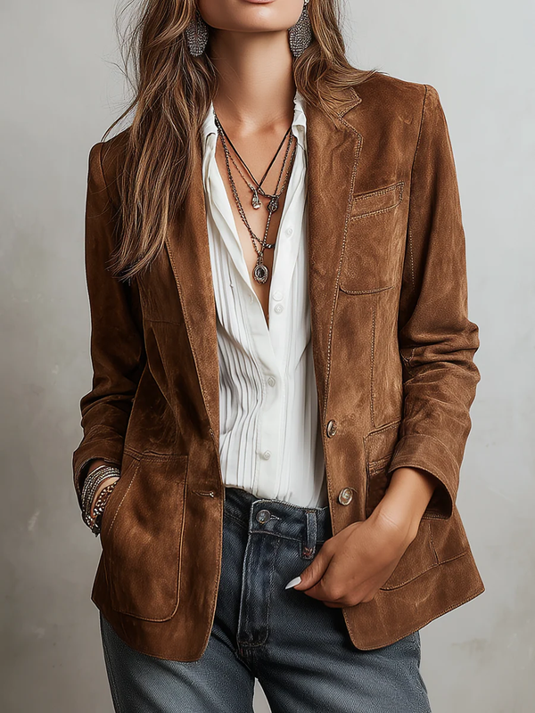 Valentina | Blazer Vintage Marrón con Pespuntes en Contraste