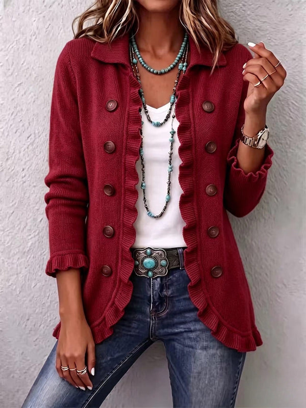 Rosana | Chaqueta de Punto Rojo Rubí con Volantes