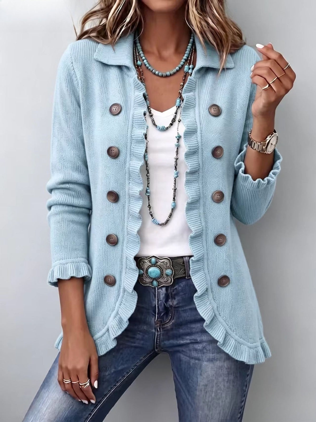 Iris | Chaqueta de Punto Azul Empolvado con Volantes