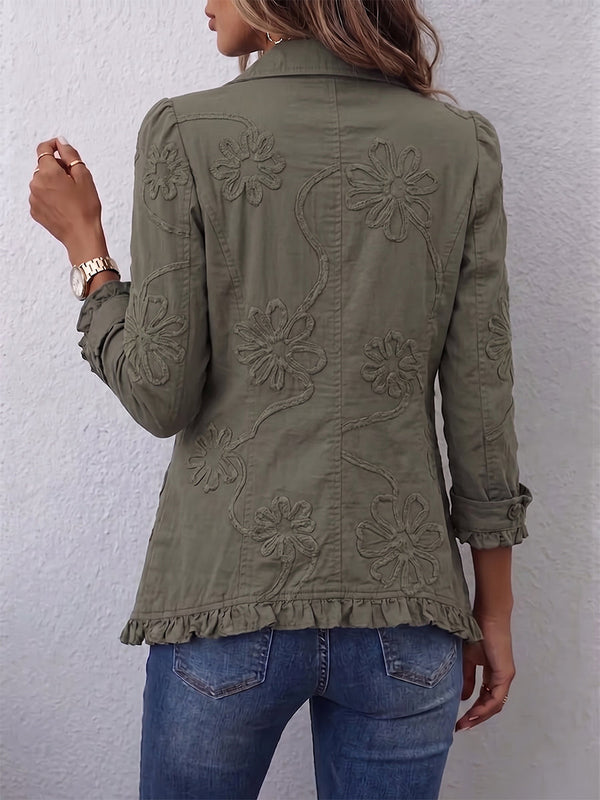 Marisol | Chaqueta Bordada Verde Retro con Volantes