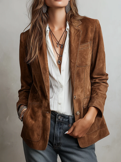 Valentina | Blazer Vintage Marrón con Pespuntes en Contraste