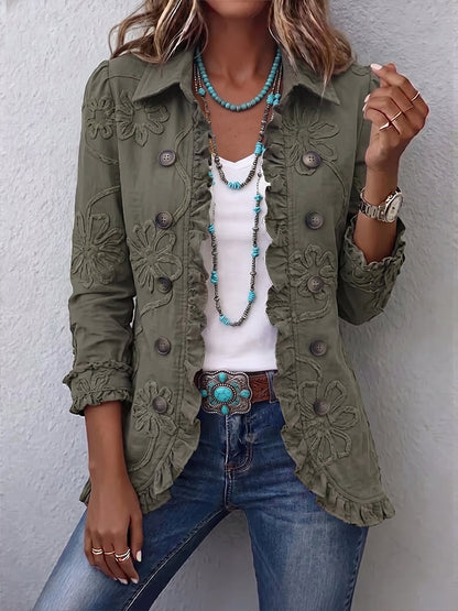 Marisol | Chaqueta Bordada Verde Retro con Volantes